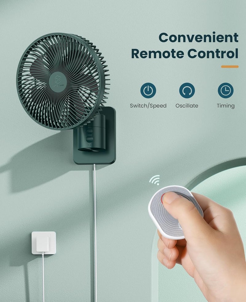LEMOISTAR 8 Inch Small Wall Mounted Fan with Remote Control, 90° Oscillating, 4 Speeds High Velocity, Timer, Adjustable Tilt, 70 Inch Cord, Quiet, for RV Bedroom Home Office Garage-Green&Black - Image 4